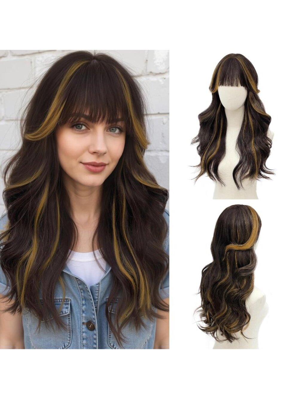 Women's Rooted Caram 24 Inch Long Wavy Heat Resistant Synthetic Hair Wig Bangs